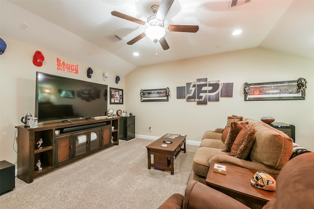 living room with ceiling fan, light colored carpet, and lofted ceiling