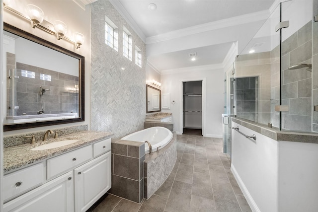 bathroom with tile patterned floors, vanity, crown molding, and shower with separate bathtub