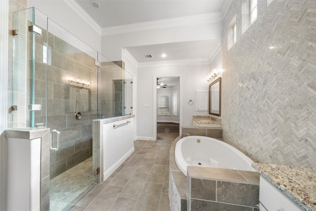 bathroom featuring vanity, plus walk in shower, tile patterned floors, crown molding, and ceiling fan