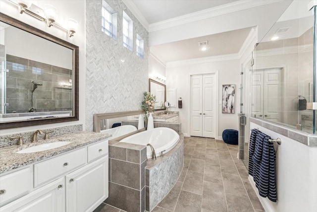 bathroom featuring shower with separate bathtub, vanity, tile patterned floors, and ornamental molding