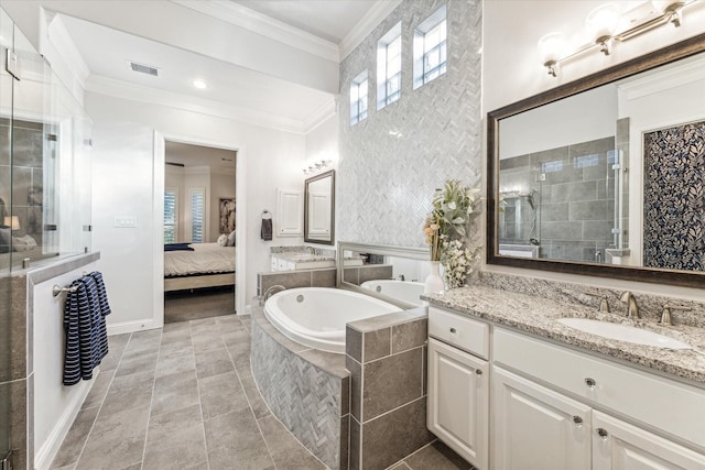 bathroom with tile patterned flooring, vanity, ornamental molding, and independent shower and bath