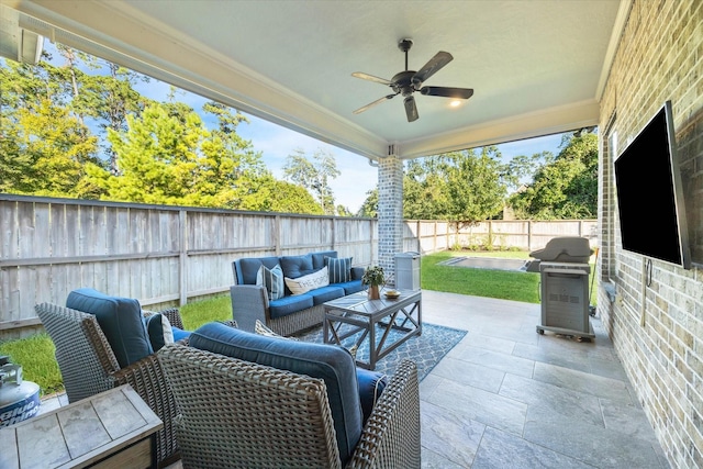 view of patio / terrace with outdoor lounge area, ceiling fan, and grilling area