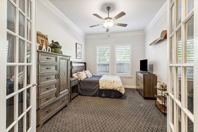 carpeted bedroom featuring ceiling fan, french doors, and crown molding