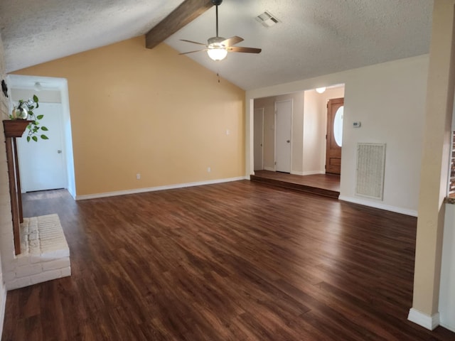 unfurnished living room featuring vaulted ceiling with beams, a textured ceiling, ceiling fan, and dark wood-type flooring