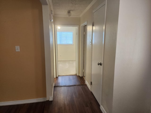 corridor featuring a textured ceiling, dark hardwood / wood-style flooring, and ornamental molding