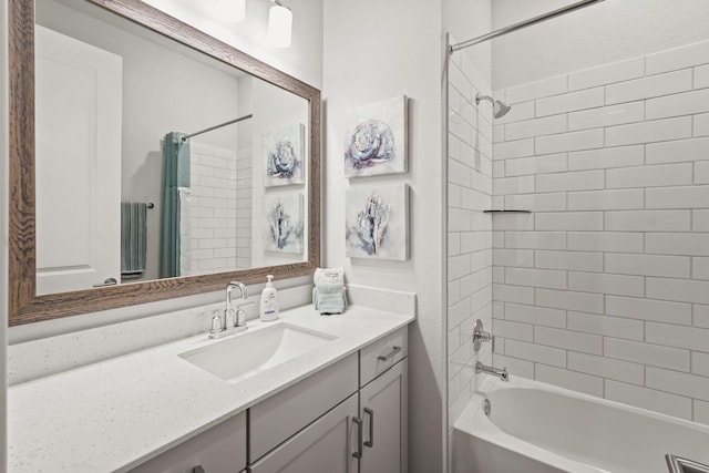 bathroom with shower / tub combo with curtain and vanity