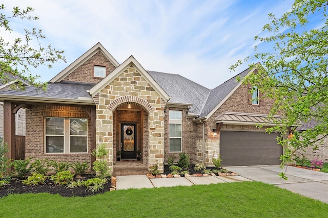 view of front facade with a front yard and a garage