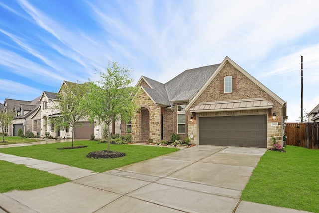 craftsman house with a garage and a front lawn