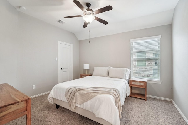 bedroom with carpet flooring, ceiling fan, and lofted ceiling