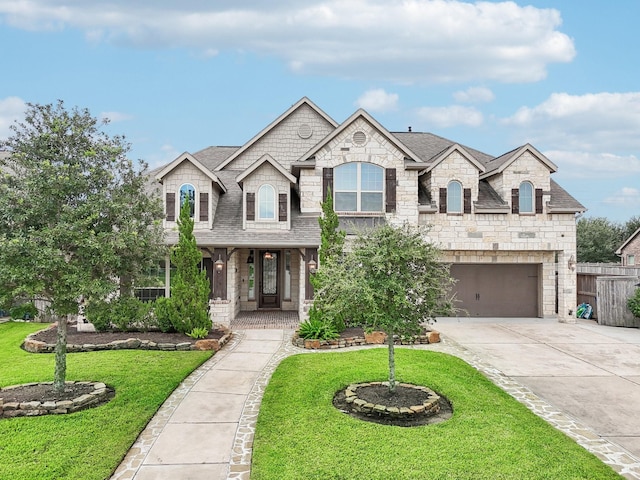 view of front of house with a front yard, a porch, and a garage