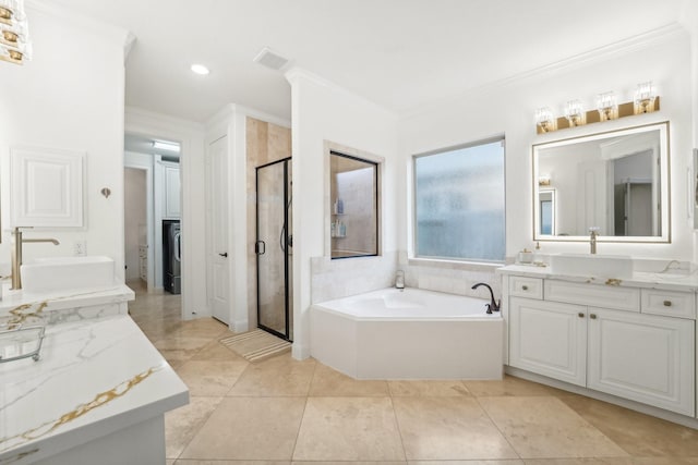 bathroom featuring crown molding, tile patterned flooring, vanity, and shower with separate bathtub