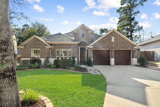 view of front of property featuring a front yard and a garage