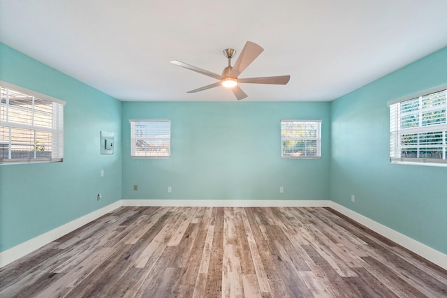 empty room with ceiling fan, a wealth of natural light, and hardwood / wood-style flooring