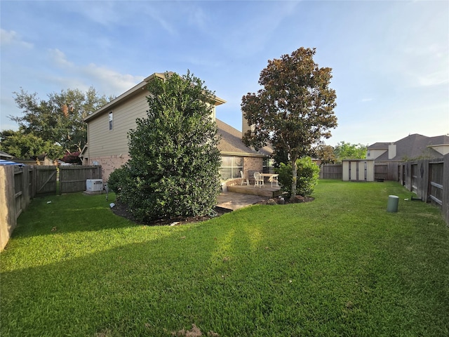 view of yard featuring a patio area and a storage shed