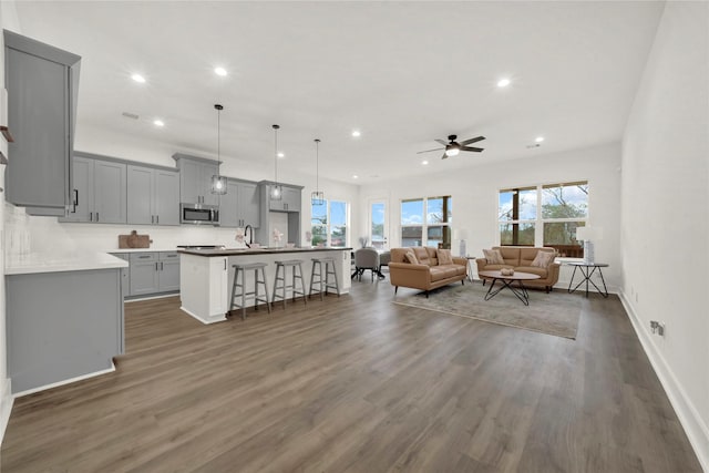 living room with dark hardwood / wood-style floors, plenty of natural light, and ceiling fan