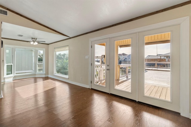 doorway to outside with french doors, a wealth of natural light, ceiling fan, and lofted ceiling