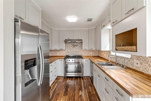 kitchen featuring wooden counters, sink, dark hardwood / wood-style floors, tasteful backsplash, and stainless steel appliances