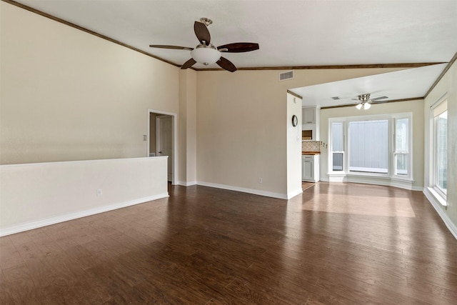 unfurnished living room with ceiling fan, dark hardwood / wood-style floors, and vaulted ceiling