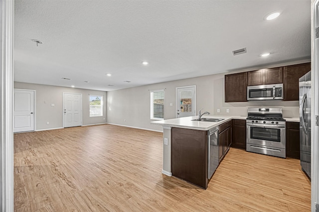 kitchen featuring light hardwood / wood-style floors, sink, kitchen peninsula, and stainless steel appliances