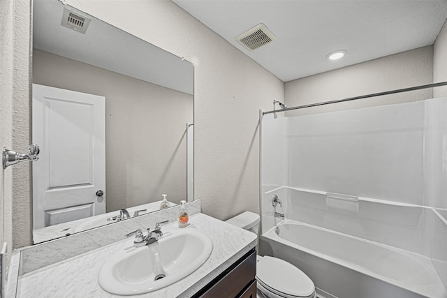 full bathroom with shower / bathtub combination, toilet, and vanity