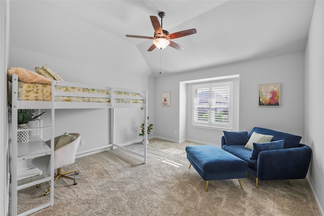 bedroom with carpet flooring, ceiling fan, and lofted ceiling