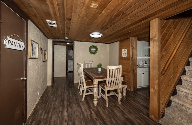 dining room with dark hardwood / wood-style floors and wooden ceiling