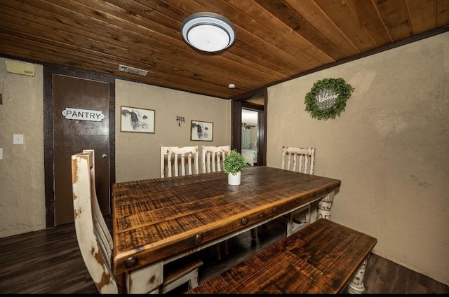 dining area with dark wood-type flooring and wooden ceiling