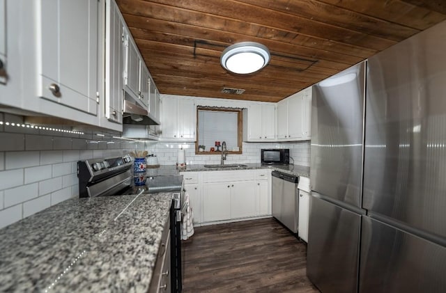 kitchen with white cabinetry, sink, wooden ceiling, and appliances with stainless steel finishes