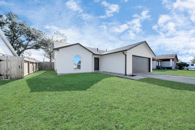 single story home featuring a front yard and a garage