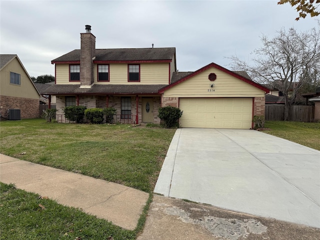 view of front of house featuring central AC, a garage, and a front lawn