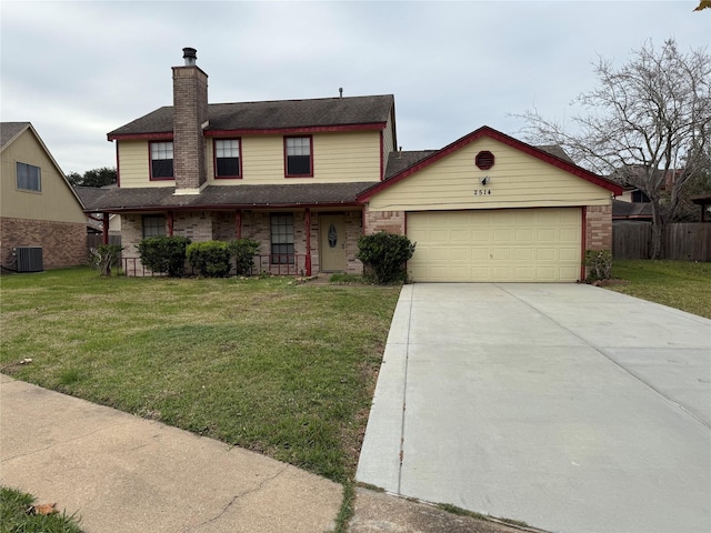 view of front of home with a garage, a front lawn, and central air condition unit