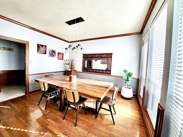 dining area featuring crown molding, hardwood / wood-style floors, and a textured ceiling