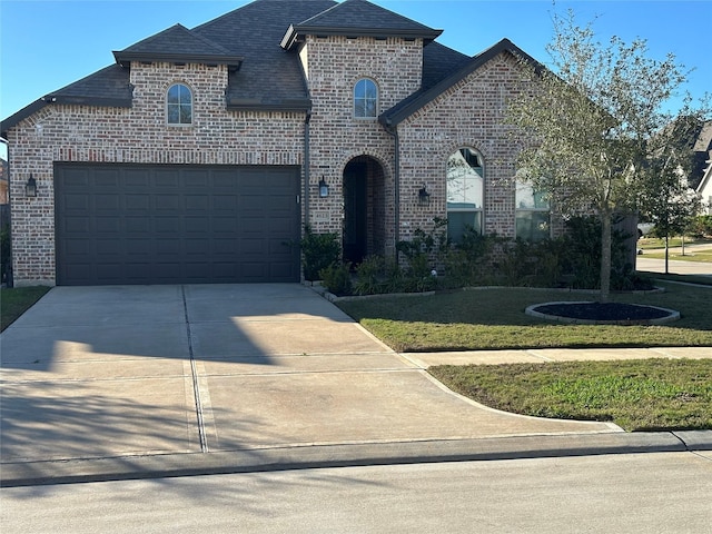 french country inspired facade featuring a garage and a front yard