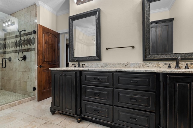 235 Fm 3313, Crockett, TX 75835 - full bathroom with crown molding, double vanity, a stall shower, and tile patterned floors