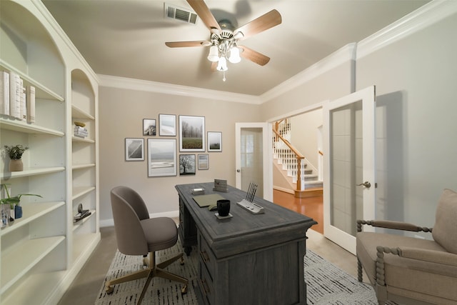 office featuring crown molding, french doors, and ceiling fan