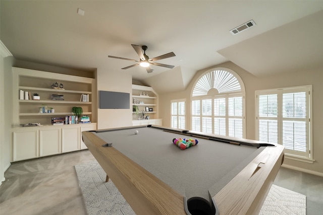 rec room with built in shelves, light colored carpet, ceiling fan, and pool table