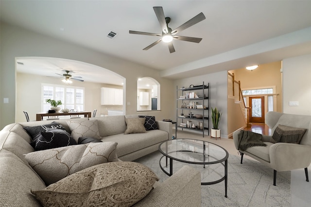 living room featuring ceiling fan