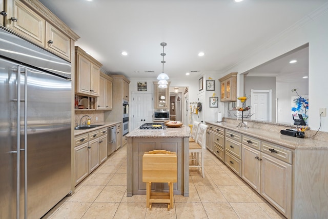 kitchen featuring a center island, a kitchen breakfast bar, kitchen peninsula, stainless steel appliances, and backsplash