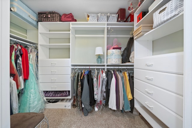 walk in closet with carpet