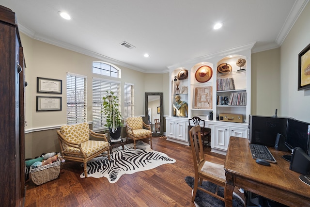 home office with crown molding and dark wood-type flooring