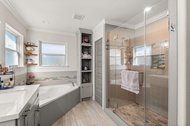 bathroom with ornamental molding, a textured ceiling, vanity, plus walk in shower, and tile patterned flooring