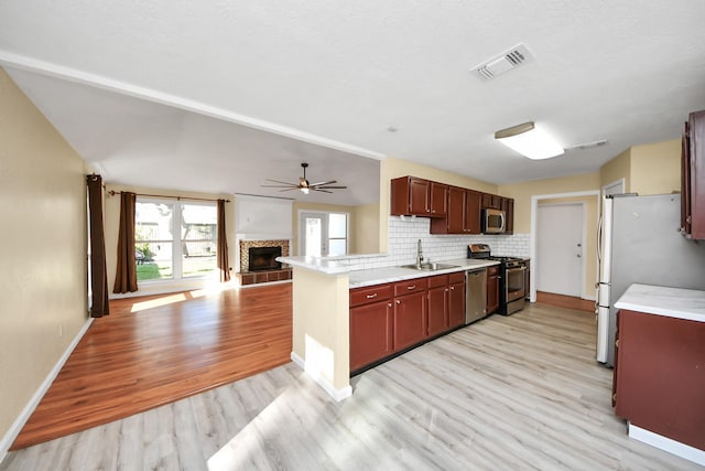 kitchen featuring kitchen peninsula, decorative backsplash, stainless steel appliances, sink, and light hardwood / wood-style flooring