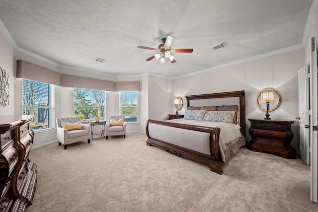 bedroom featuring multiple windows, ceiling fan, crown molding, and carpet floors