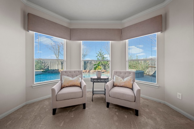 sitting room featuring crown molding and light colored carpet