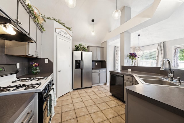 kitchen featuring stainless steel fridge, white gas range oven, sink, pendant lighting, and black dishwasher