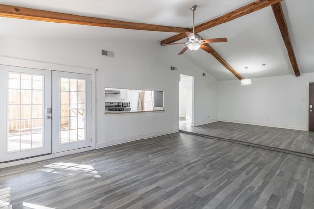 unfurnished living room with beamed ceiling, french doors, ceiling fan, and dark wood-type flooring