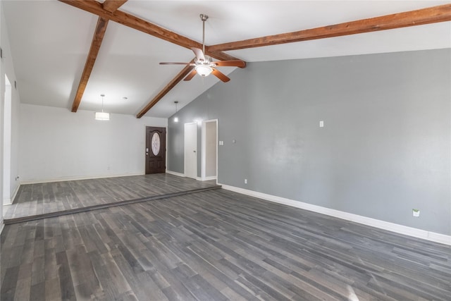 unfurnished living room with beam ceiling, dark hardwood / wood-style flooring, high vaulted ceiling, and ceiling fan