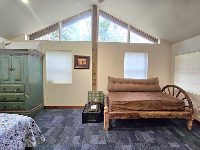 carpeted bedroom with multiple windows, a wall mounted air conditioner, and lofted ceiling