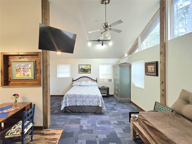 carpeted bedroom featuring high vaulted ceiling, ceiling fan, and an AC wall unit