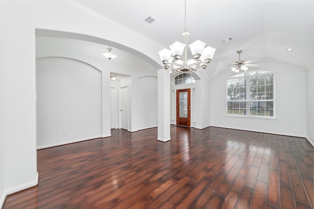 spare room with ornamental molding, lofted ceiling, and dark hardwood / wood-style floors